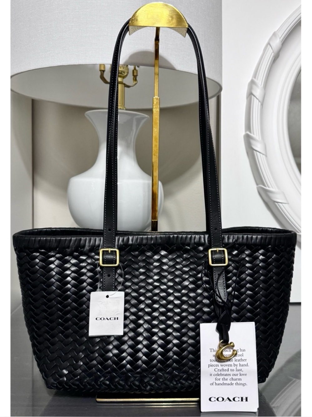 COACH Woven Leather Swing Tote Bag, BLACK/ GOLD